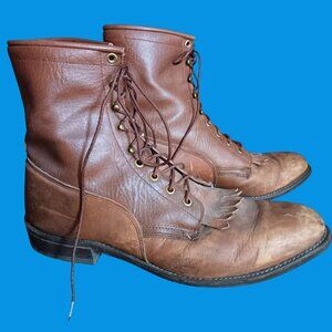 13D Vintage Mens Brown Leather Packer Lace-Up Boots Texas USA 1980's Rancher